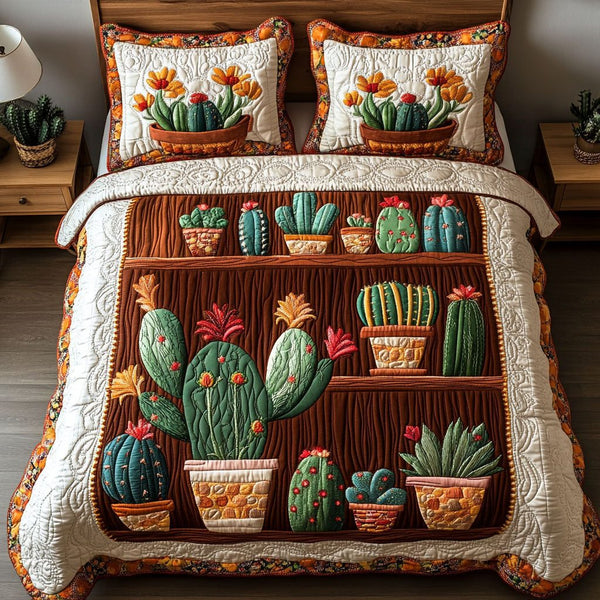 Cactus Shelf Art quilted 3-piece bedding set on a made bed with two matching pillow shams