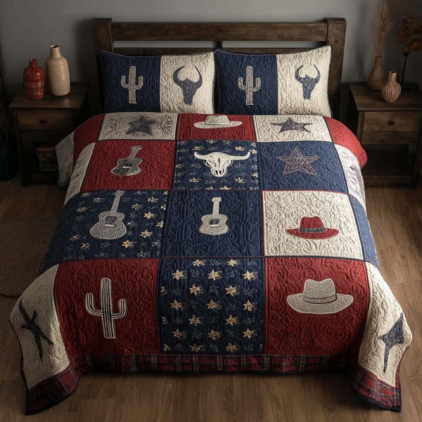 Cactus Soul quilted 3-piece bedding set on a made bed with two matching pillow shams