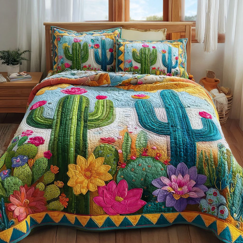 Cactus Spirit quilted 3-piece bedding set on a made bed with two matching pillow shams