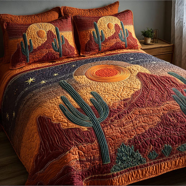 Cactus Spirit quilted 3-piece bedding set on a made bed with two matching pillow shams