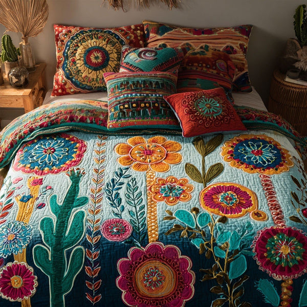 Cactus Spirit quilted 3-piece bedding set on a made bed with two matching pillow shams