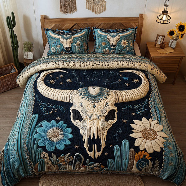 Cactus Spirit quilted 3-piece bedding set on a made bed with two matching pillow shams