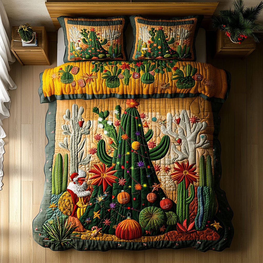 Cactus Sunrise quilted 3-piece bedding set on a made bed with two matching pillow shams