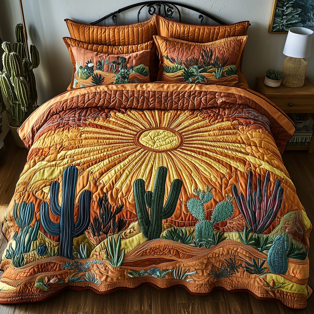 Cactus Sunrise quilted 3-piece bedding set on a made bed with two matching pillow shams