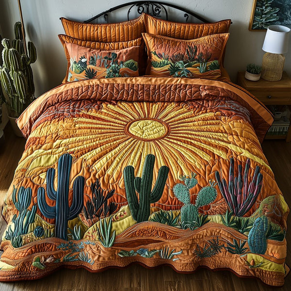 Cactus Sunrise quilted 3-piece bedding set on a made bed with two matching pillow shams