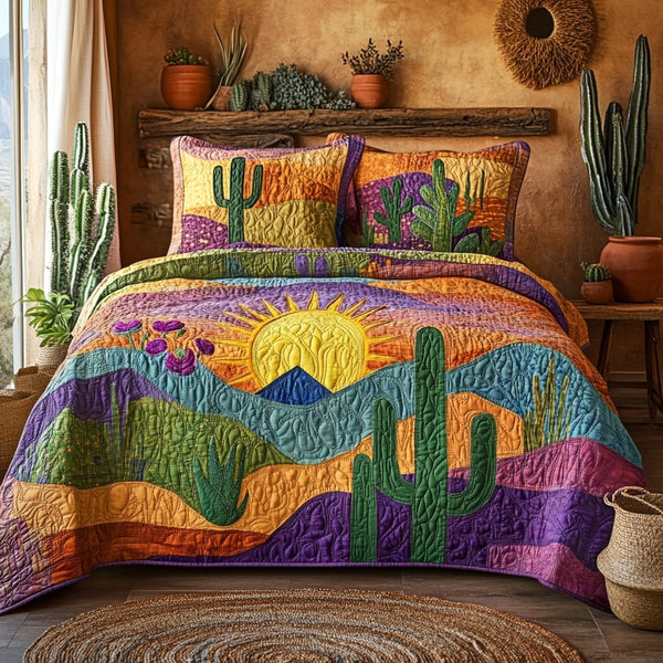 Cactus Sunrise quilted 3-piece bedding set on a made bed with two matching pillow shams