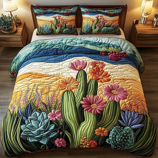 Cactus Sunset Bliss quilted 3-piece bedding set on a made bed with two matching pillow shams