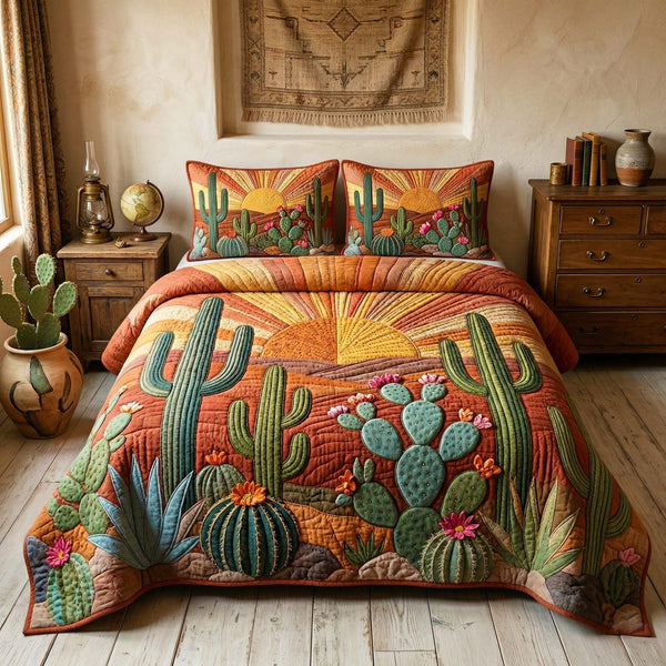 Cactus Sunset quilted 3-piece bedding set on a made bed with two matching pillow shams