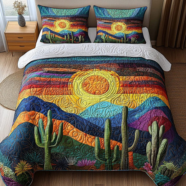 Cactus Sunset quilted 3-piece bedding set on a made bed with two matching pillow shams