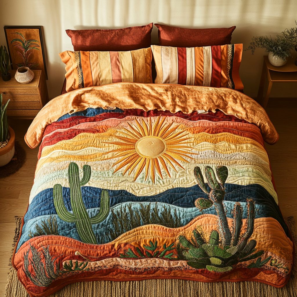 Cactus Sunset quilted 3-piece bedding set on a made bed with two matching pillow shams