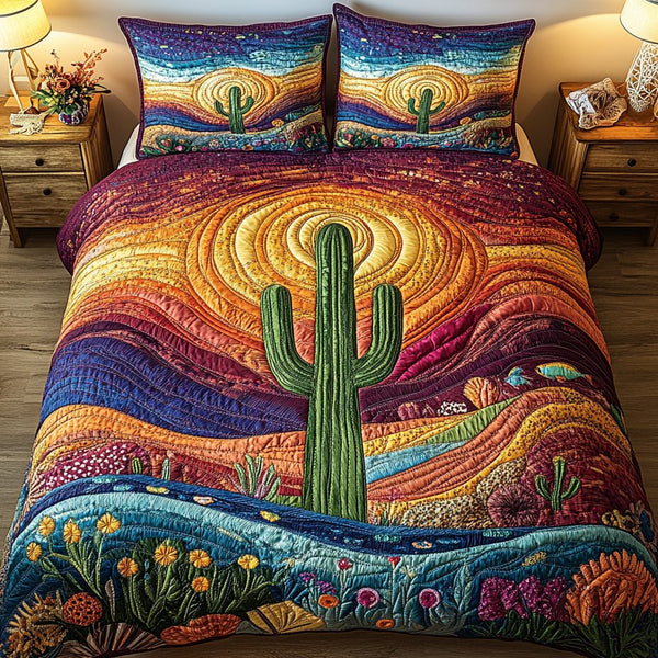 Cactus Sunset quilted 3-piece bedding set on a made bed with two matching pillow shams