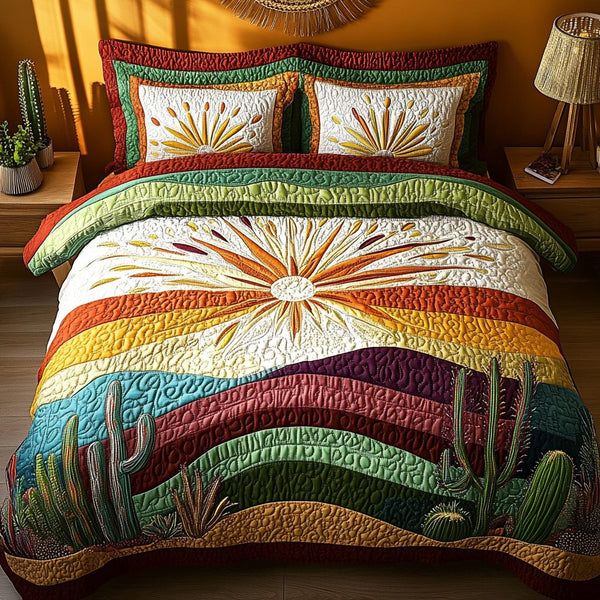Cactus Sunset quilted 3-piece bedding set on a made bed with two matching pillow shams
