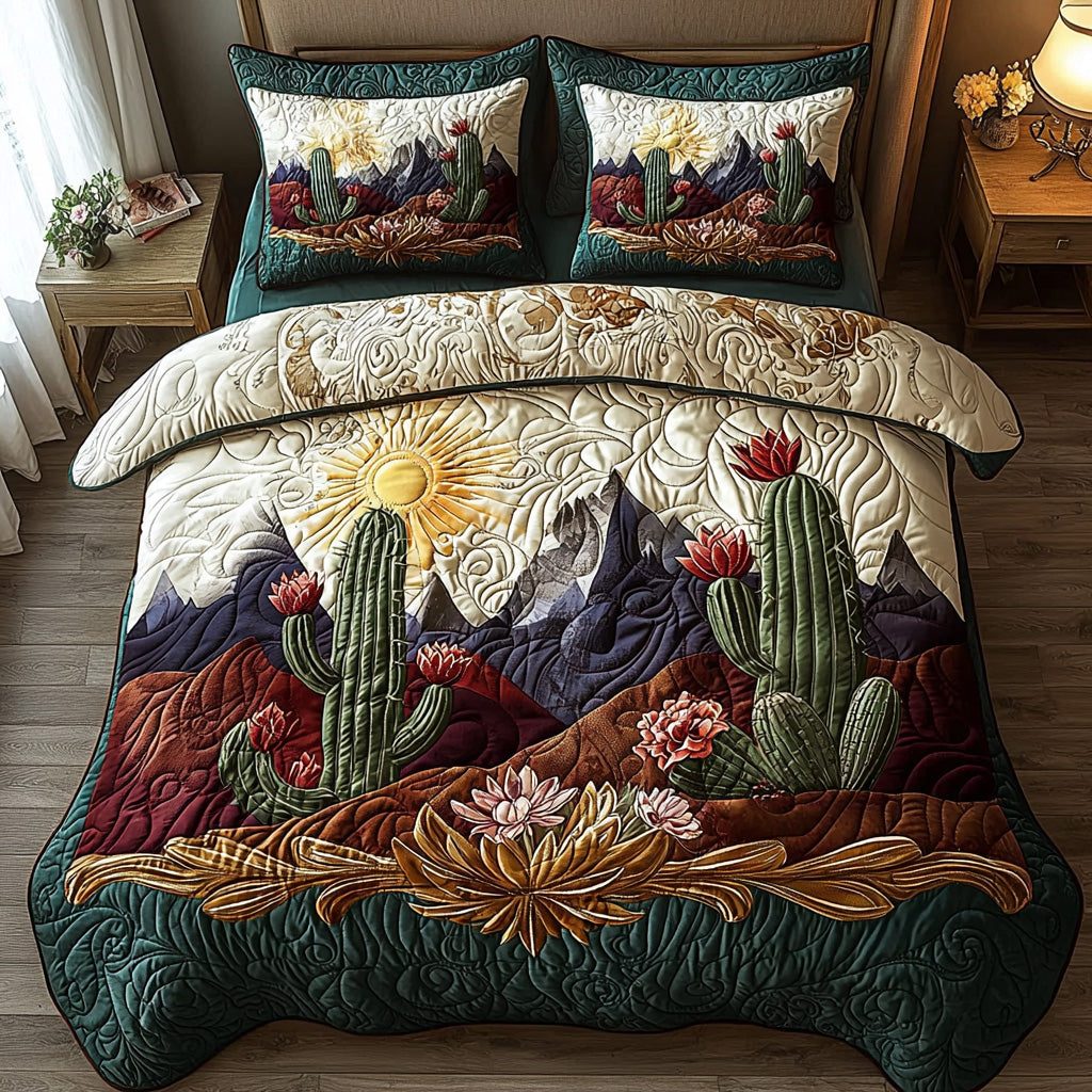 Cactus Trail quilted 3-piece bedding set on a made bed with two matching pillow shams