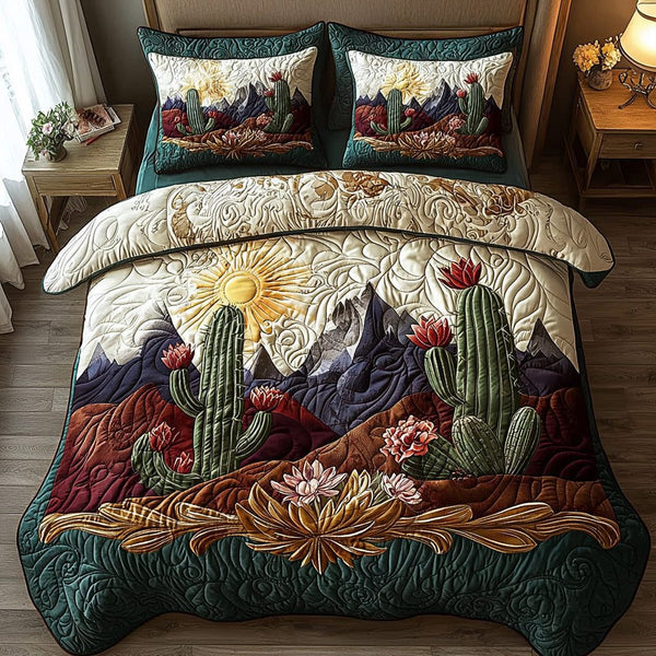 Cactus Trail quilted 3-piece bedding set on a made bed with two matching pillow shams