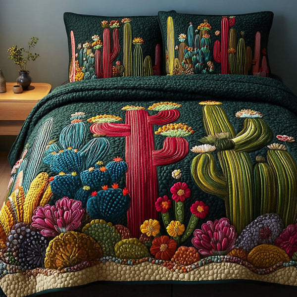 Cactus Valley quilted 3-piece bedding set on a made bed with two matching pillow shams