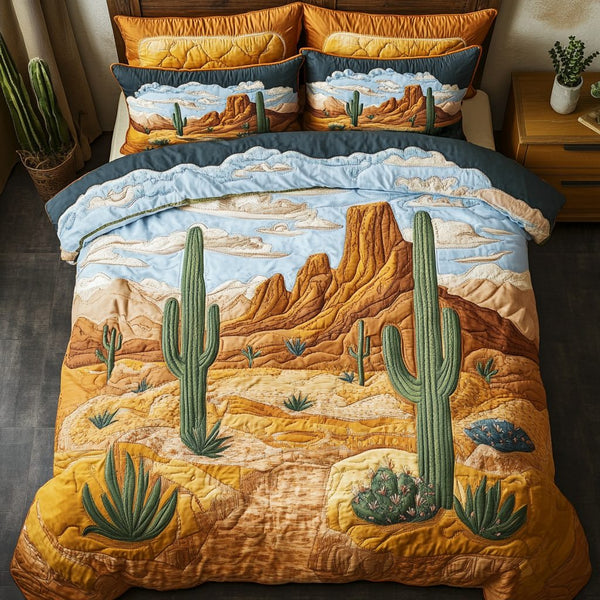 Cactus Valley quilted 3-piece bedding set on a made bed with two matching pillow shams