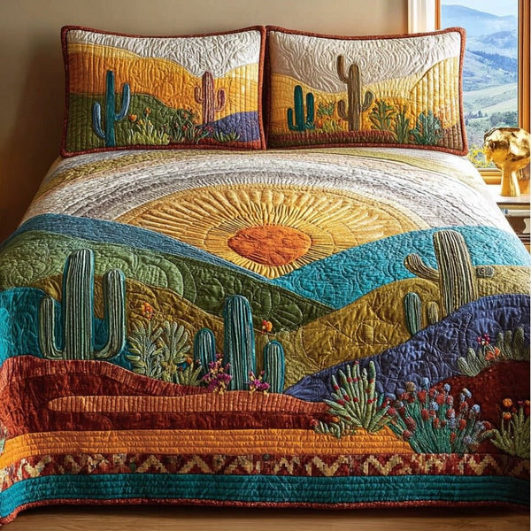 Cactus Valley quilted 3-piece bedding set on a made bed with two matching pillow shams