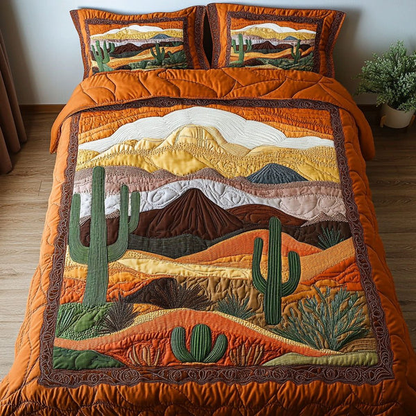 Cactus Valley quilted 3-piece bedding set on a made bed with two matching pillow shams