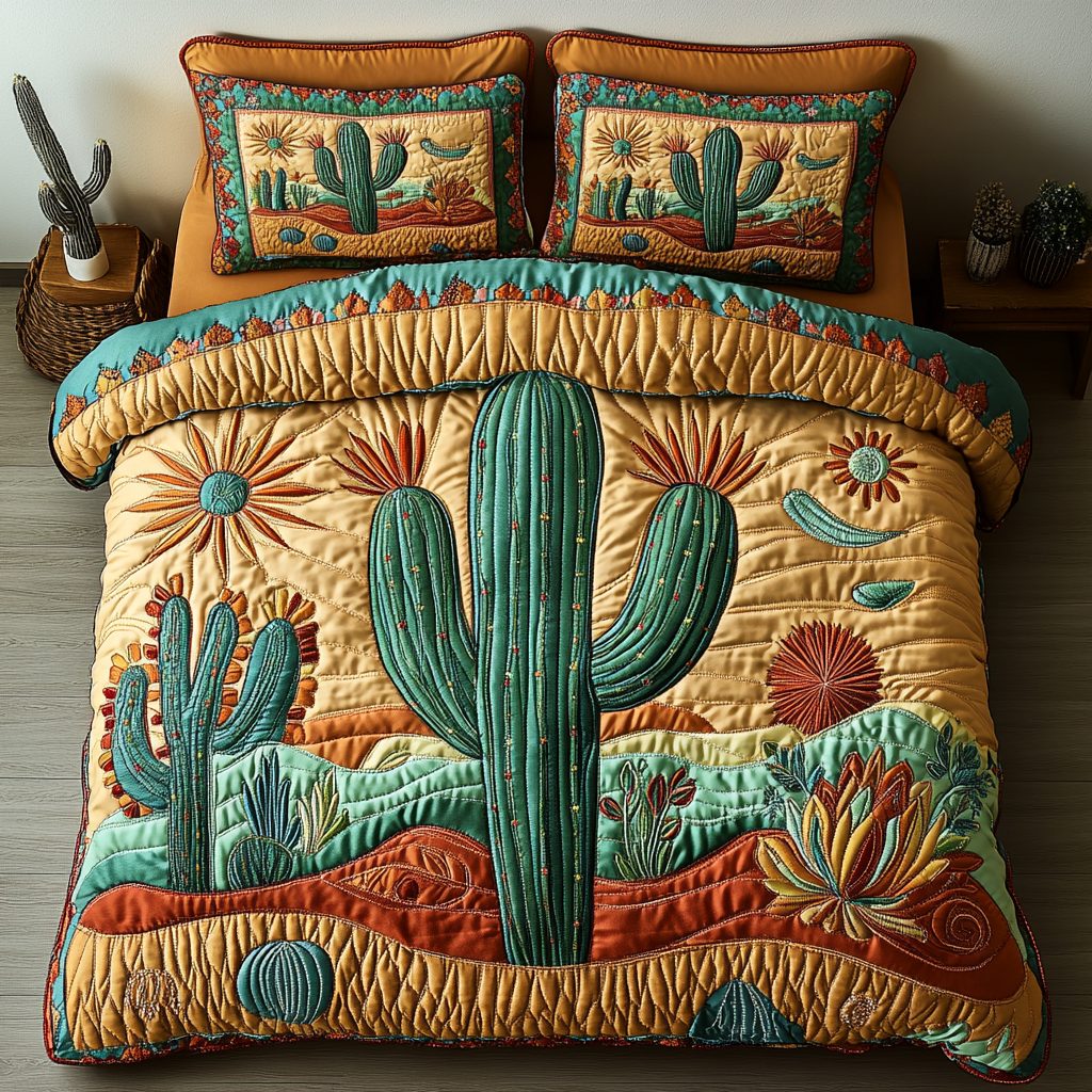 Cactus View quilted 3-piece bedding set on a made bed with two matching pillow shams