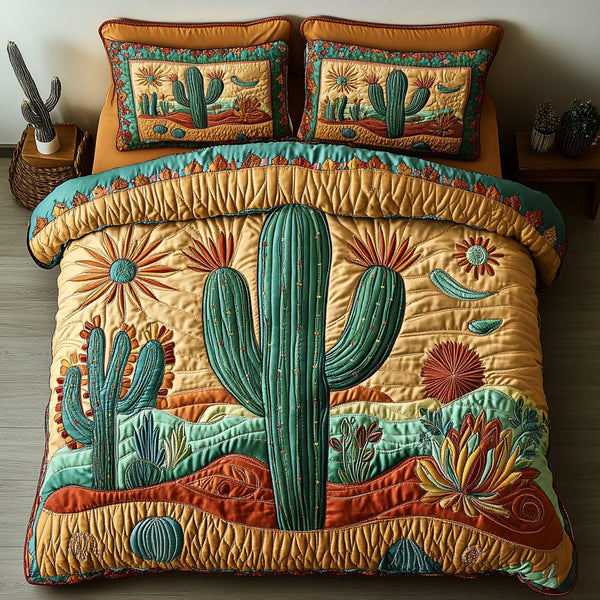 Cactus View quilted 3-piece bedding set on a made bed with two matching pillow shams
