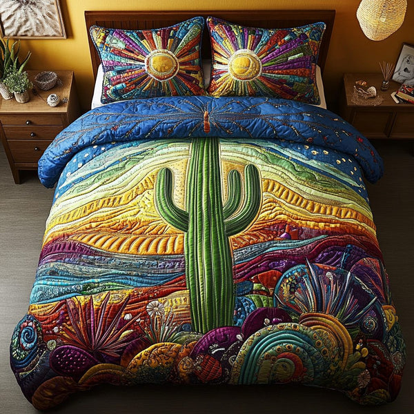 Cactus Vista quilted 3-piece bedding set on a made bed with two matching pillow shams