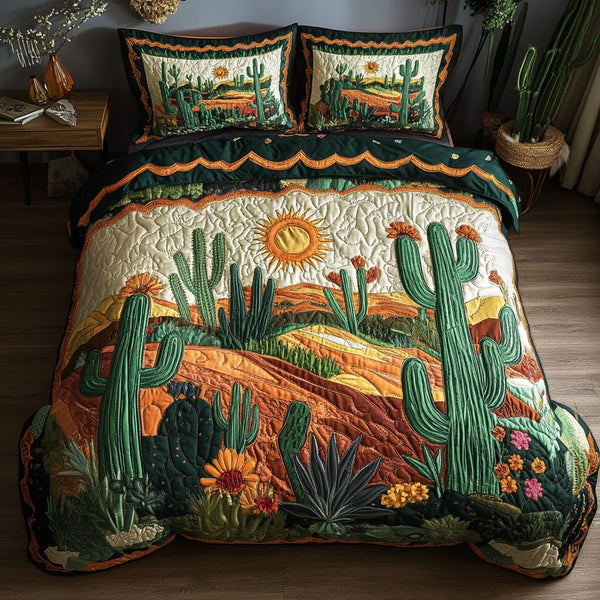 Cactus Whisper quilted 3-piece bedding set on a made bed with two matching pillow shams