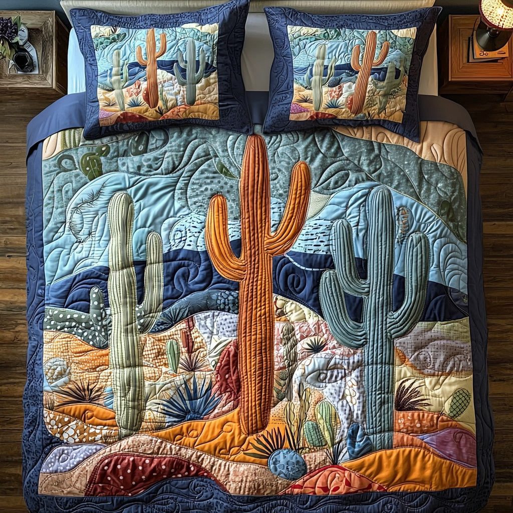 Cactus Whisper quilted 3-piece bedding set on a made bed with two matching pillow shams
