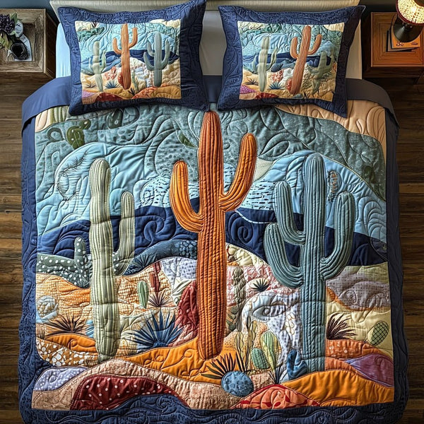 Cactus Whisper quilted 3-piece bedding set on a made bed with two matching pillow shams