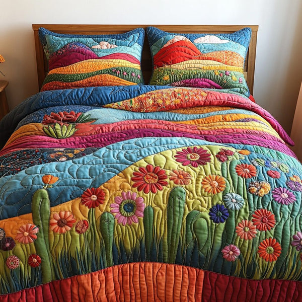 Cactus Wind quilted 3-piece bedding set on a made bed with two matching pillow shams