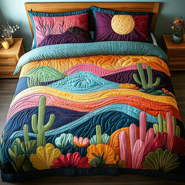 Cactus Wonders quilted 3-piece bedding set on a made bed with two matching pillow shams