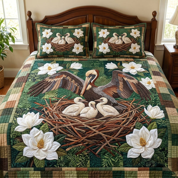 Cajun Spirit quilted 3-piece bedding set on a made bed with two matching pillow shams