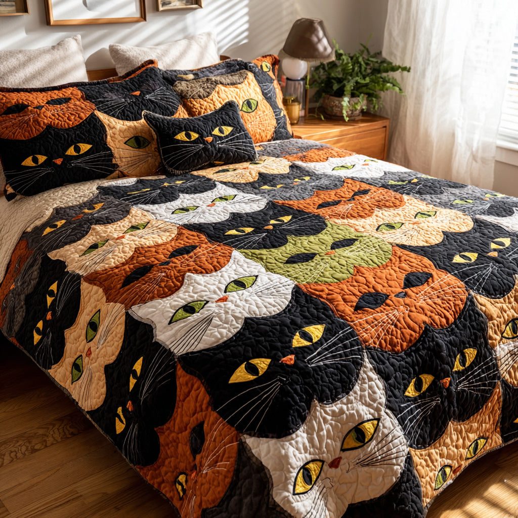 Calico Crowd quilted 3-piece bedding set on a made bed with two matching pillow shams