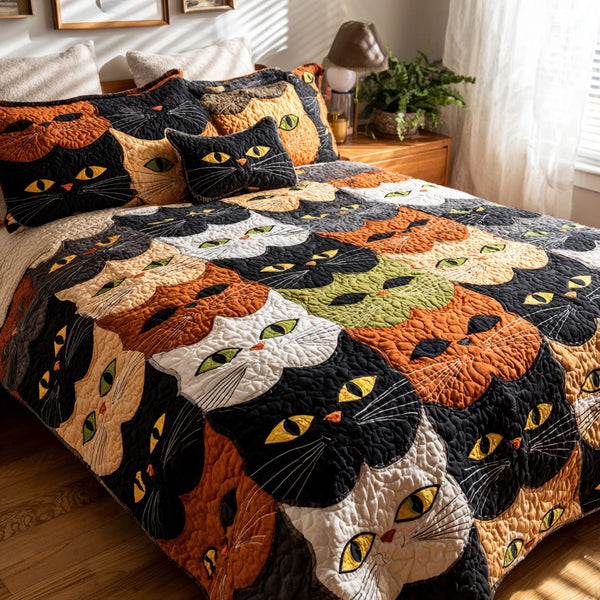 Calico Crowd quilted 3-piece bedding set on a made bed with two matching pillow shams