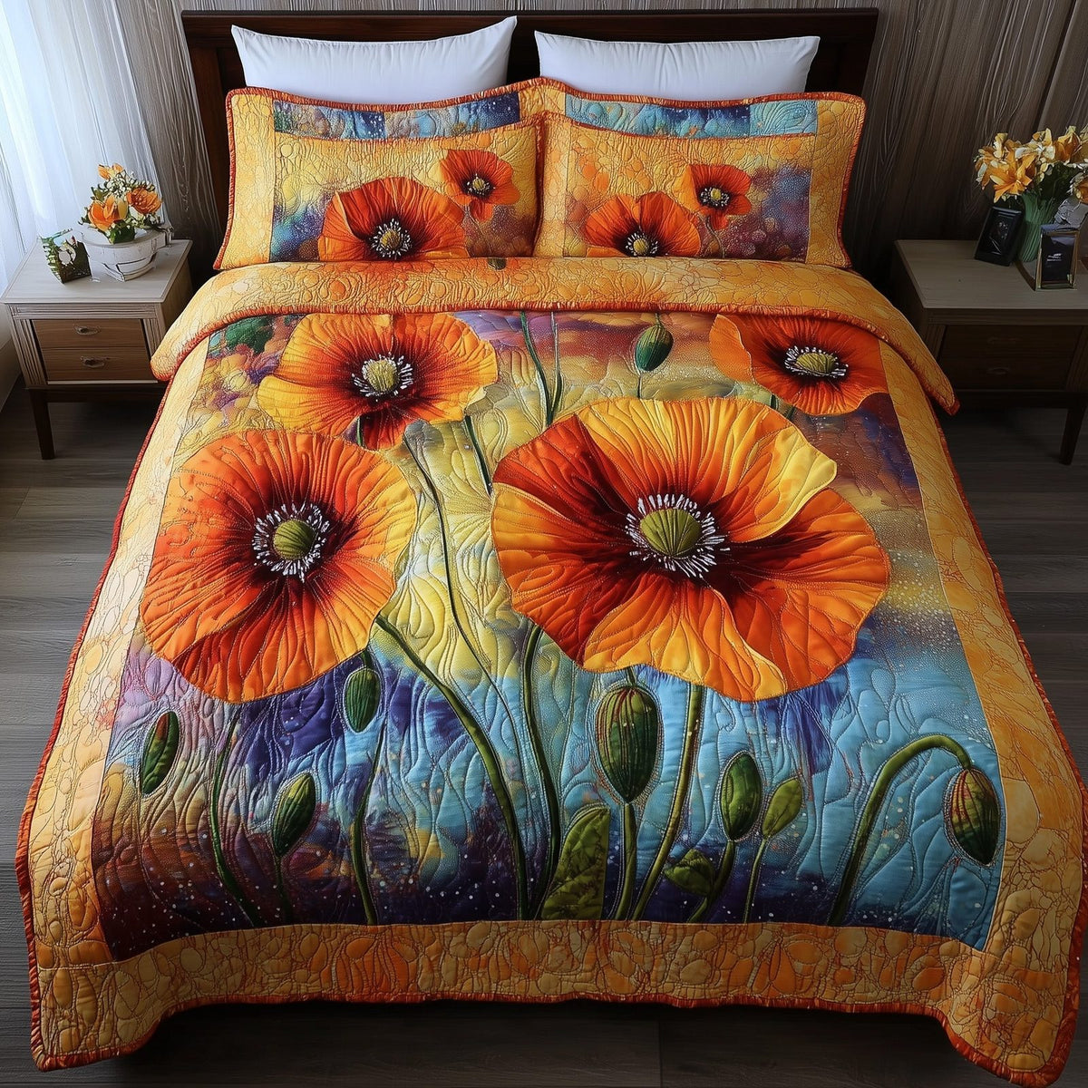 California Poppies quilted 3-piece bedding set on a made bed with two matching pillow shams