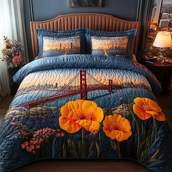 California Sunset quilted 3-piece bedding set on a made bed with two matching pillow shams