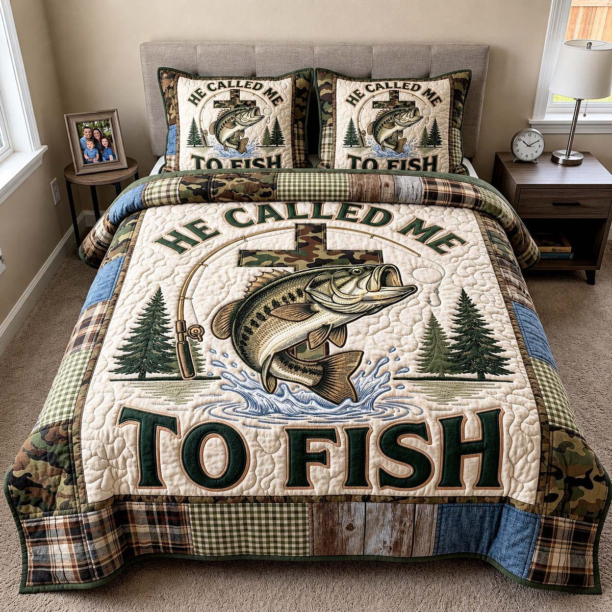 Called Fishing quilted 3-piece bedding set on a made bed with two matching pillow shams