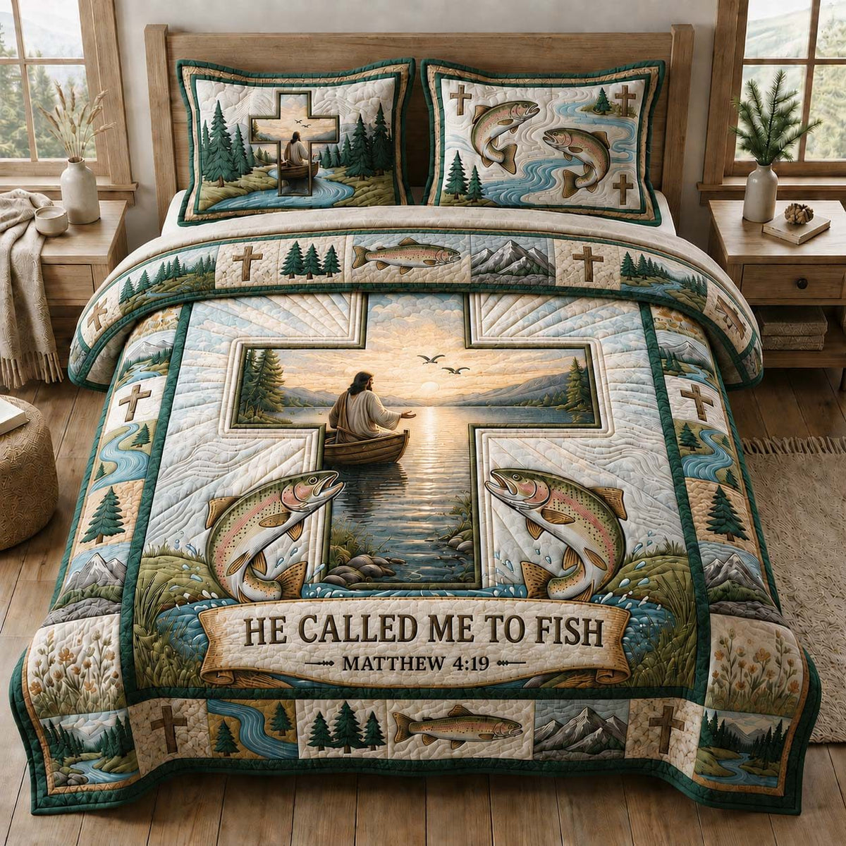 Called To Fish quilted 3-piece bedding set on a made bed with two matching pillow shams