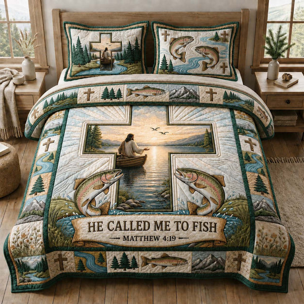 Called To Fish quilted 3-piece bedding set on a made bed with two matching pillow shams