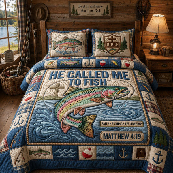 Called To Fish quilted 3-piece bedding set on a made bed with two matching pillow shams