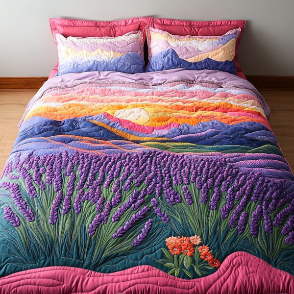 Calm Aroma quilted 3-piece bedding set on a made bed with two matching pillow shams