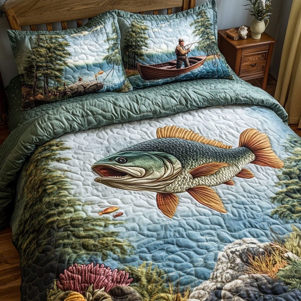 Calm Catch quilted 3-piece bedding set on a made bed with two matching pillow shams