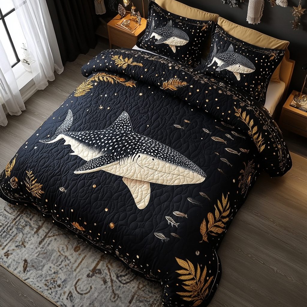 Calm Depths quilted 3-piece bedding set on a made bed with two matching pillow shams