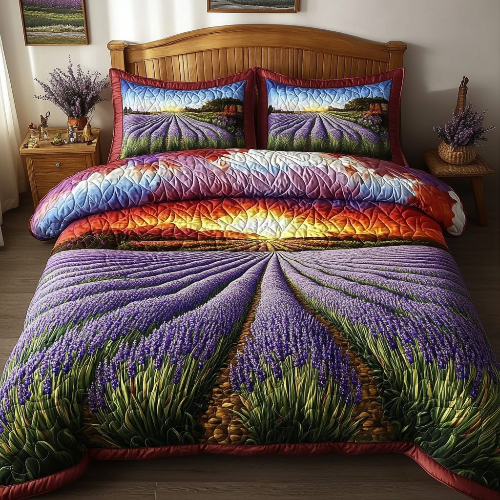 Calm Fields quilted 3-piece bedding set on a made bed with two matching pillow shams