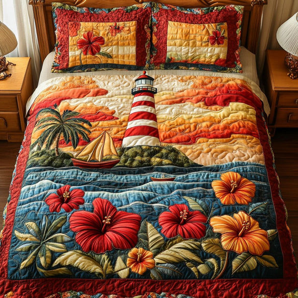Calm Harbor quilted 3-piece bedding set on a made bed in a light coastal bedroom