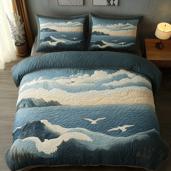 Calm Horizon quilted 3-piece bedding set on a made bed with two matching pillow shams