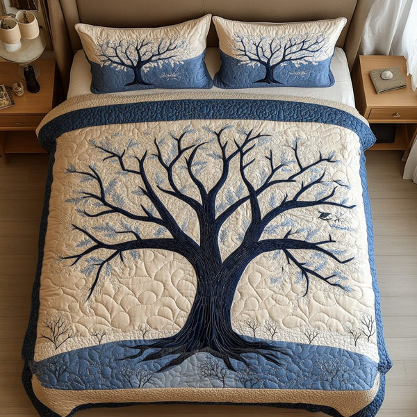 Calm Leaves quilted 3-piece bedding set on a made bed with two matching pillow shams
