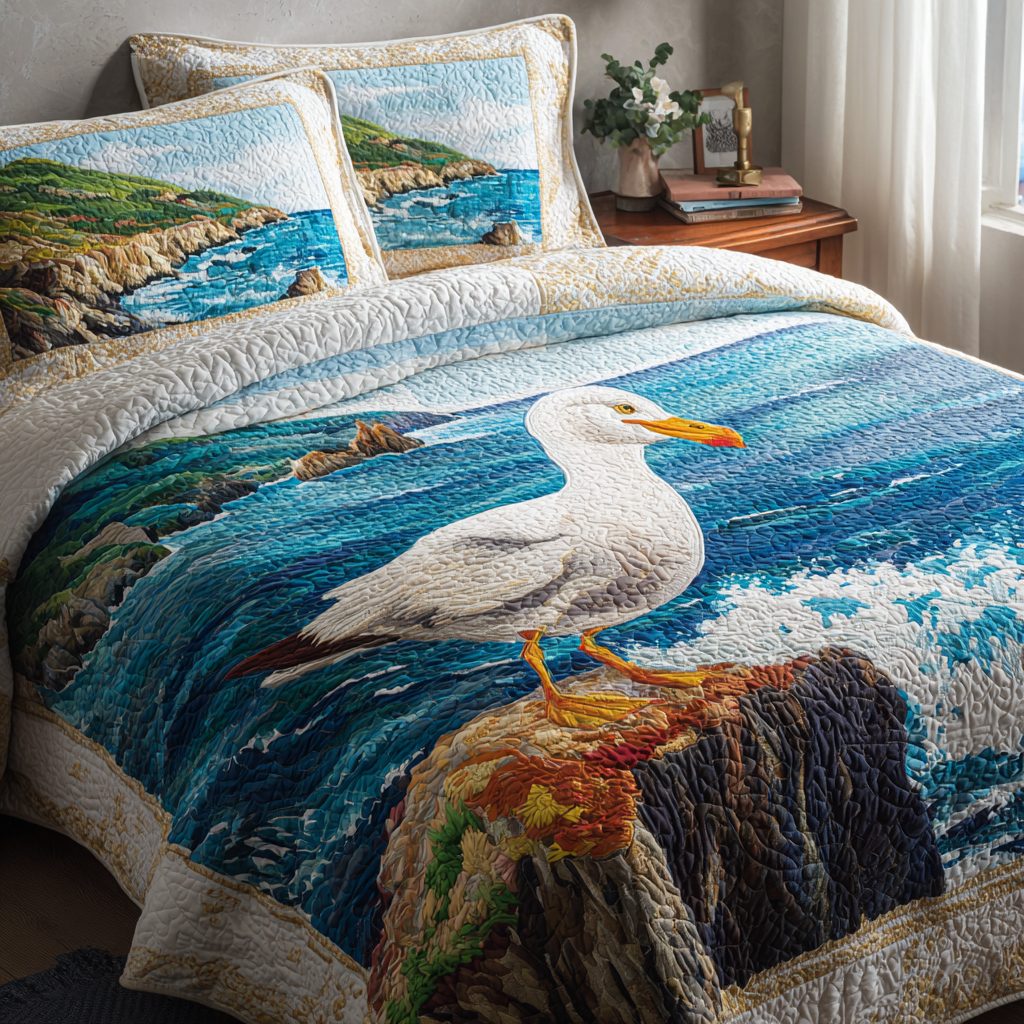 Calm Seagull quilted 3-piece bedding set on a made bed in a light coastal bedroom