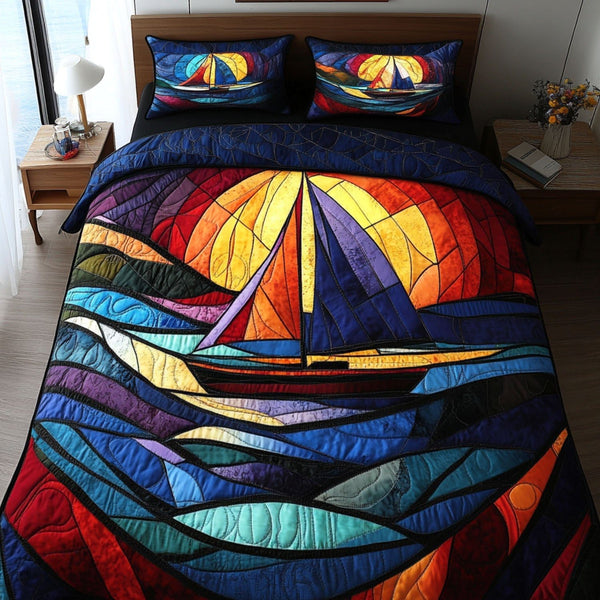 Calm Seas quilted 3-piece bedding set on a made bed with two matching pillow shams