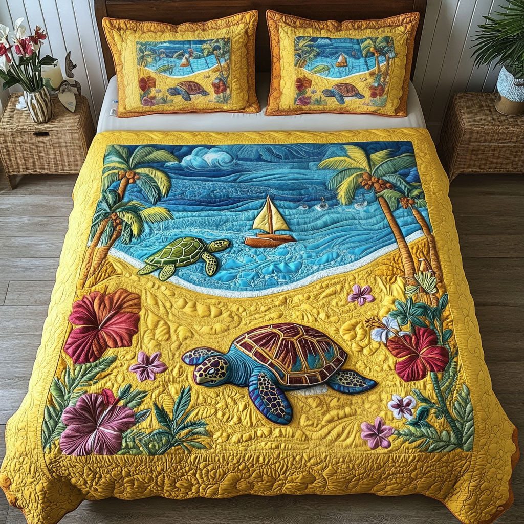 Calm Shell Serenity quilted 3-piece bedding set on a made bed in a light coastal bedroom