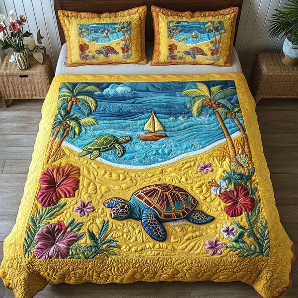 Calm Shell Serenity quilted 3-piece bedding set on a made bed in a light coastal bedroom